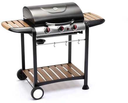 OPPOSITE Barbecue a gas professionale con ruote tre bruciatori in acciaio spesso e piano cottura regolabile su 4 posizioni