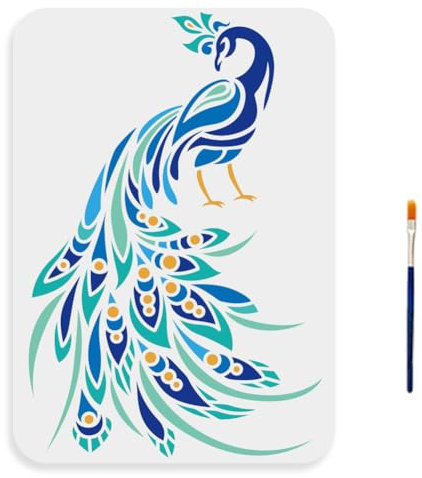 MAYJOYDIY Pfauen Schablone 29.7 × 21cm Pfauen Zeichenschablonen Mit Pinsel DIY Dekorative Wiederverwendbare Pfauenfeder Vorlage Für Leinwand Wand Holz Heimwerkerhandwerk Heimdekoration