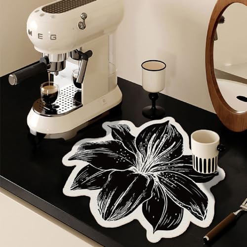 Morbuy Kaffeemaschine Abtropfmatte für Geschirr, Lilie Blume Runden Küche Matte, Schnelltrocknend Saugfähig Trockenmatte, rutschfest Untersetzer für, Café, Spüle und Bad (Schwarz,40cm)