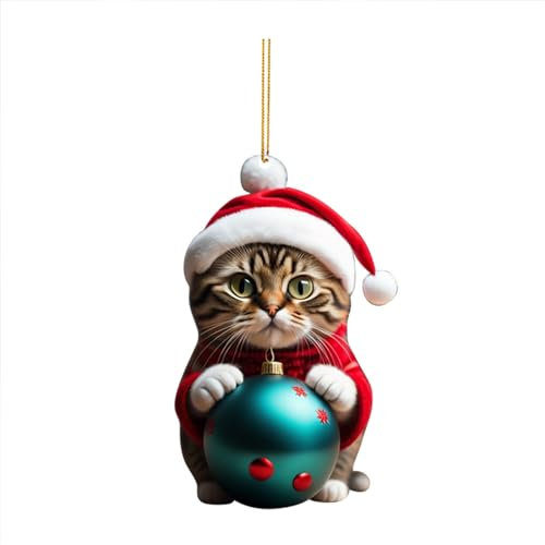 Katze Christmas Decorations Weihnachtsdeko Lustiger 2D-Acryl-Weihnachtsbaumschmuck Katze Lustiger Weihnachtsanhänger Geschenk (D,ONE Size)