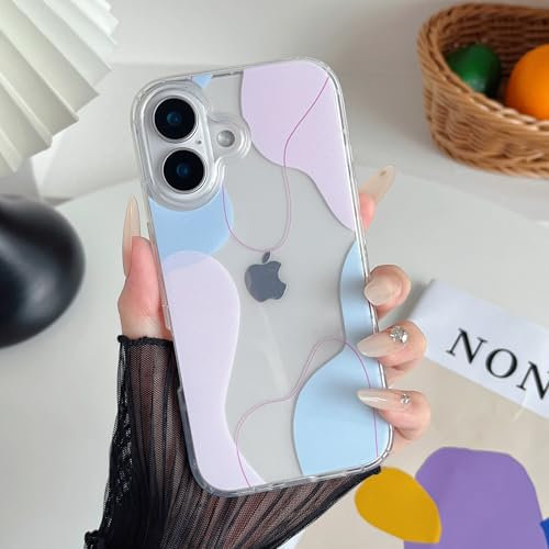 DEFBSC Compatible with iPhone 16 Case, Transparent Color Mix Aesthetic Phone Case Design Soft TPU Bumper Slim Thin Shock-Absorbing Protective Phone Case for iPhone 16 - Blue Pink