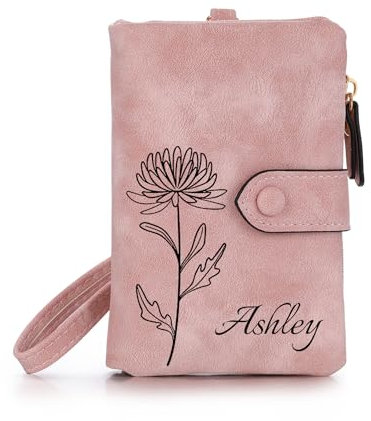 OTXIXTO Billeteras de Cuero Personalizadas para Mujer Flor de Nacimiento Billetera con Nombre con Cremallera Monedero con Correa para Muñeca Damas Billetera para Novia Esposa Día de Madre - Rosa