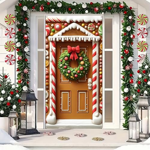 BlissYard Weihnachtliches Lebkuchenhaus Party Dekorationen, Lebkuchenhaus Türabdeckung Banner und Willkommen Weihnachten Veranda Schild Hängendes Banner für Winter Weihnachten Party Supplies Indoor