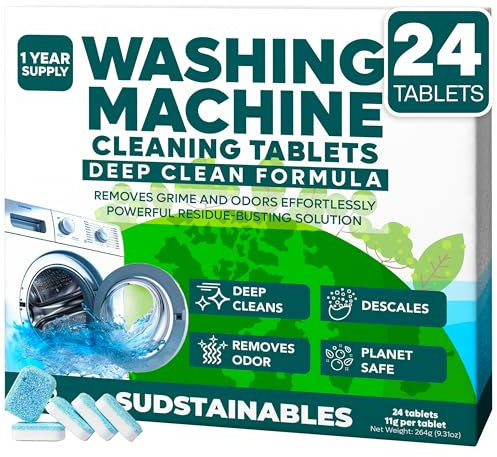 Compresse per la pulizia della lavatrice (confezione da 24) – Pastiglie detergenti per lavatrice con caricamento dall'alto, caricatore anteriore, tablet detergente per lavatrice HE, pulizia profonda