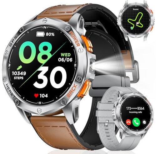 ESFOE Smartwatch Herren GPS Laufuhr Herren-LED Taschenlampe/530mAh Akku, 1,43'' AMOLED 10ATM Smartwatch Militär mit Kompass, Barometer, Herzfrequenz, SpO2, Schlafüberwachung für Android iOS
