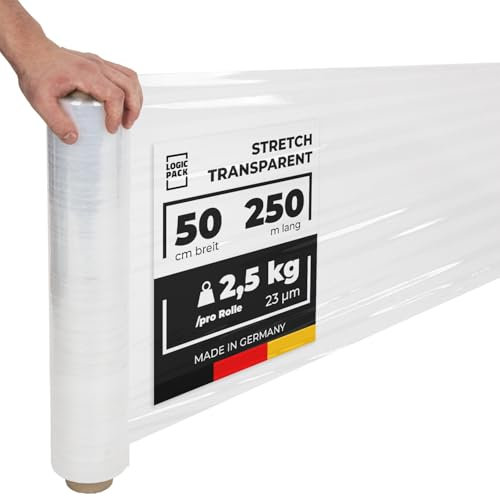 LOGIC PACK Stretchfolie Transparent Folie Für Möbel 250m/50cm - Verpackungsfolie auf Rolle 2,5 kg - Wickelfolie Palletenfolie Verpackungsmaterial - 1 Rolle