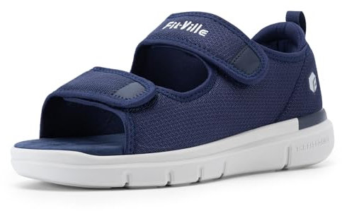 FitVille Sandales Diabétiques Hommes Large Ouverture Chaussures Orthopédique Scratch Sandales Rééducation pour Pieds Gonflés Bleu Marine 47 EU Large
