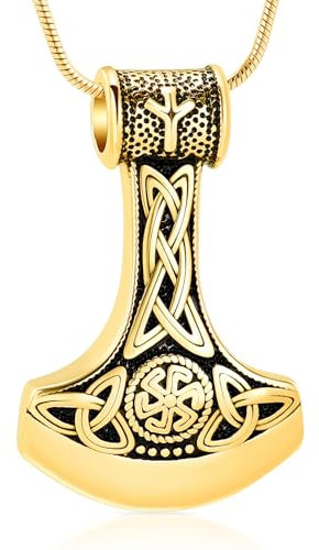 VCCWYQK Mjolnir Thor Hammer Cremation Jewelry for Ashes for Women Men Stainless Steel Celtic Knot Urn Necklace Pendant for Ashes Holder Keepsake (Z-Gold)