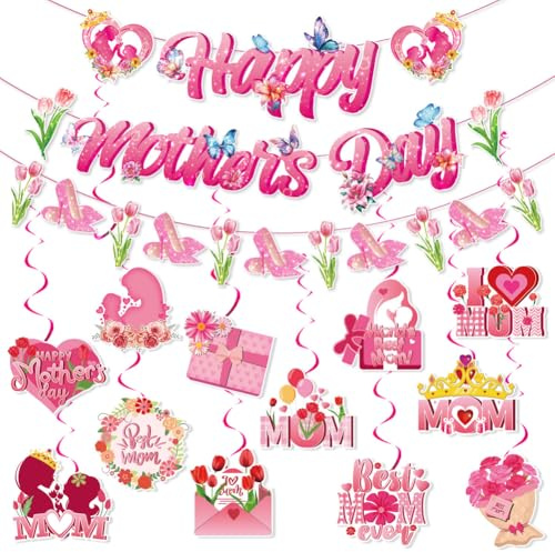 3er-Pack Muttertags-Party-Deko: Muttertags-Banner, Tulpengirlande, Blumengirlande und rosa Herz, „Beste Mama“-Dekorationen zum Aufhängen als Muttertagsgeschenk, Party-Deko