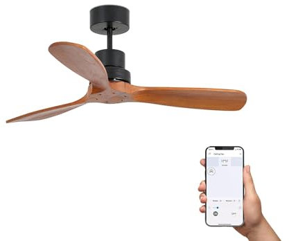 Faro Mini Lantau Ventilador de techo pequeño de 3 aspas, color negro mate y nogal, sistema Wiz Smart.