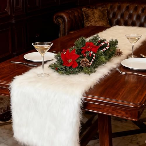 WIYETY Tischläufer, Kunstfell Tischläufer, Modern Mitteldecke, für Weihnachten , Hochzeit, Wohnzimmer, Couchtisch, Home Esstisch, Moderner - Weiß, 36 x 220 cm
