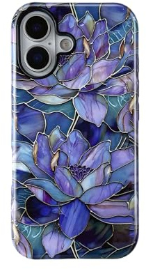 QLTYPRI Flower Case for iPhone 16, Aesthetic Cute Floral Phone Case for Girls Women, Protective Hybrid 2-Layer Hard Shell Silicone Cover Durable Shockproof Phone Cover - Purple Lotus