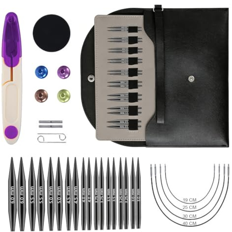 Mini korta runda sticknålar set utbytbar, med 9 par 5 cm korta sticknålar 3–6 mm diameter och 4 snören 20–40 cm lång och väska och tillbehör, set med virkade nålar i aluminium, utbytbara sticknålar