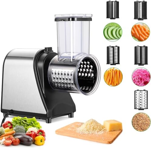 250W Electric Cheese Grater & Shredder 5 in 1 -Stainless Steel | Multif Slicer with 5 Blades-Large Inlet Outlet. Easy to clean, ideal for vegetables, fruits and home kitchen.