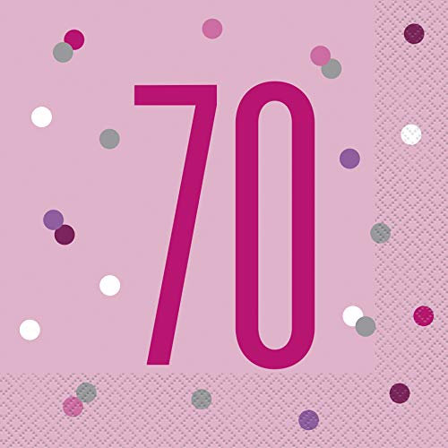Papierservietten - Zahl 70 - 16,5 cm - Glitzer Rosa & Silber Geburtstag - 16er-Packung