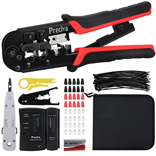 Preciva Kit de Crimpadora Rj45, 3 en 1 Caja herramientas con crimpadora, Tester RJ45, Cable RJ45, Roseta RJ45 y Juego Herramientas para Instalación Profesional
