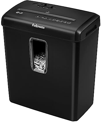 Fellowes Aktenvernichter 6 Blatt Partikelschnitt (P4), Papierschredder für Zuhause und Homeoffice, Powershred FS-6C, Schredder mit 15L Papierkorb, verarbeitet Kreditkarten, Heftklammern, schwarz.