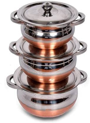 Dinner Set Stainless Steel Copper Bottom Handi Pot Pan 3 Piece Set Combo/Steel 3 Handi Set ( Induction Bottom)