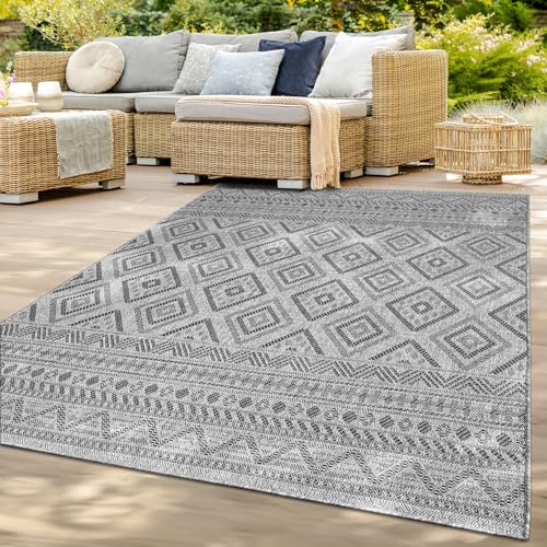 TT Home In-& Outdoor Teppich Wetterfest Balkon Küche Wohnzimmer Boho Rauten Design, Farbe: Dunkelgrau, Größe:80x150 cm
