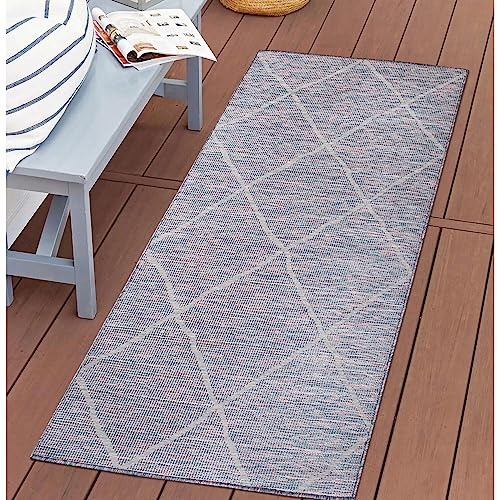 carpet city Outdoor Teppich Terrasse Wetterfest - 80x150 cm - Balkonteppich Blau-Pink - Raute Muster - In-& Outdoor Teppiche für Veranda, Garten, Küche, Bad oder Wohnzimmer