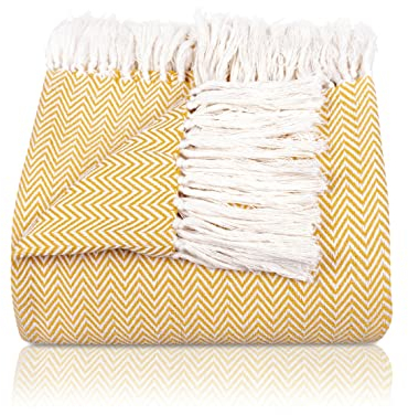 Gräfenstayn Premium Tagesdecke mit Fransen - 100% Baumwolle - 220 x 240 cm XXL - Fischgrätenmuster Sommerdecke - Baumwolldecke als Bett-Überwurf, Couch-Überwurf, Sofa-Decke (Gelb)