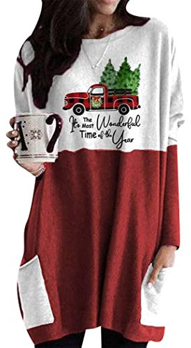 OMZIN Damen Herbst Lange Ärmel Pullover Einfache Weihnachten Leichte Tops Lose Rundhals Sweatshirt Auto Rot XXL