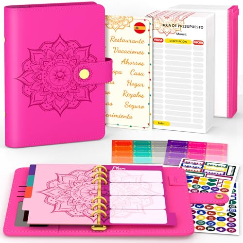 Aocii Budget Binder Budget Planner - A6 Carpeta De Presupuesto, Agenda Financiera Para Ahorrar, Con Diseños En Español, Organizador de Dinero, Pegatina Planificadora (Rojo)