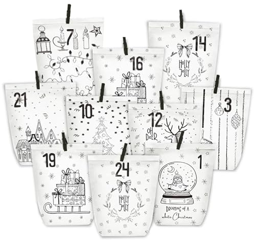 PANSIBY Adventskalender zum Befüllen, 24 Weihnachtskalender Geschenk Papiertüten Groß zum Selber Befüllen, Kraftpapiertüten Advents Tüten Selbstbefüllen mit Aufkleber für Kinder & Erwachsene