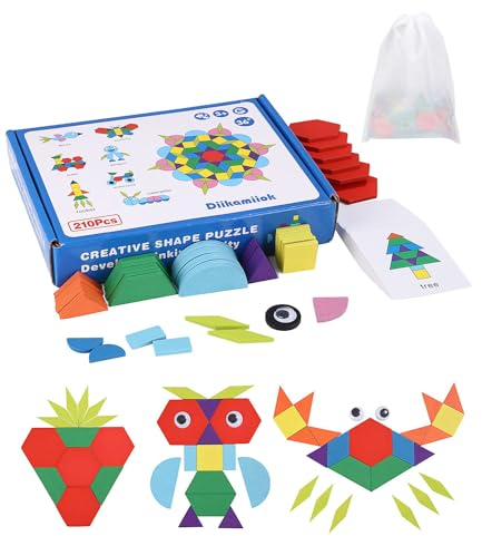 Tangram Kinder Geometrische Formen HolzPuzzles,210 Teilig Holzpuzzle Holzmusterblöcke Farbige,Montessori Spielzeug klassisches Lernspielzeug mit 30 Stück Designkarten Aufbewahrungstasche Geschenk