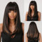 testar Lange Schwarze Perücken Für Frauen Lange Gerade Perücken Mit Flachem Pony Braune Highlights Synthetische Geschichtete Hitzebeständige Faserperücke Für Cosplay