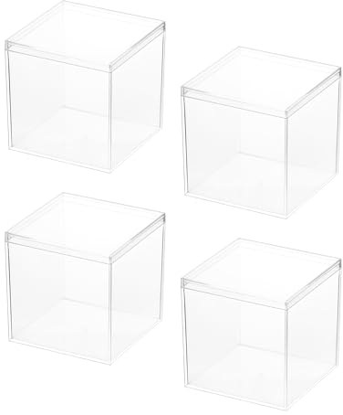QWORK® 4 Pcs Acrylic Display Box, Storage Cubes, 10 X 10 X 10 cm, Clear Box With Lid, For Storing Candy, Hair Accessories, Toys