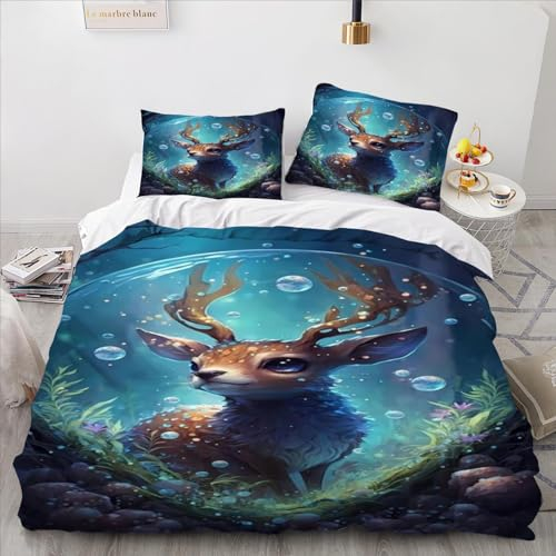 Kinder Bettbezug Set mit Hirsch Supernatural Wesen 3D Bedruckte Bettwäsche Bettbezug Set für Kinder und Jungen Mikrofaser Bettbezug für Doppelbett (200 x 200 cm)
