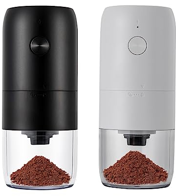 Moulin à café électrique rechargeable par USB avec broyeur conique en céramique | grossièreté réglable | Moulin à café expresso portable rechargeable 30 g pour haricots, épices (noir + blanc)
