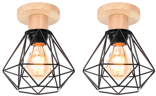 iDEGU 2 Stücke Deckenleuchten Schwarz 16cm Industrial Deckenlampe aus Metall und Holz Retro Geometrischer Käfig Lampenschirm Kronleuchter E27 Fassung Vintage Pendelleuchte für Flur Küche Schlafzimmer