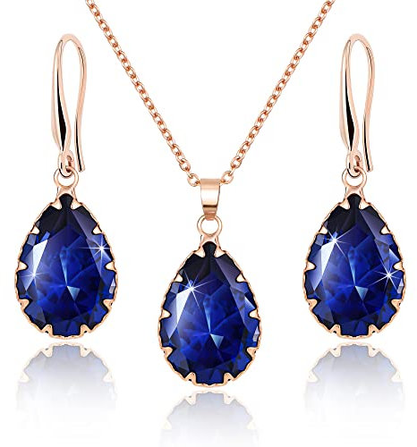 Linawe Sapphire Crystal Boho Jewellery Sets for Women, Navy Blue Earring Set Rose Gold Pendant Necklace Imitation Diamond Rhinestone Matching Cubic Zirconia Birthstone Teardrop