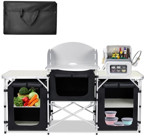 PEILU Campingschränke Outdoor Faltbare Campingküche aus Aluminiumgestell, Waschbare Oxford-Stoff & 5mm Dicke MDF Platten Mobiler Zeltschrank Küchenbox mit Tragtasche für Reise Strand Camping