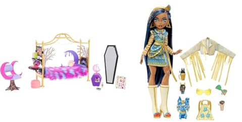 MONSTER HIGH Clawdeen Wolf - Schlafzimmer-Spielset mit Zubehör & Cleo de Nile Puppe - Königliches Outfit, Killerstiefel, Pyramidenrucksack, Zubehör, für Kinder ab 6 Jahren, HHK54