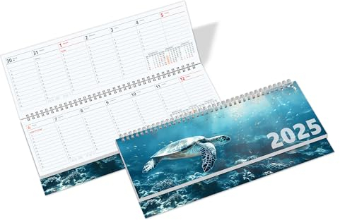 PRIMUS PRINT Tischkalender 2025 Quer Wochenkalender – Terminkalender und Jahreskalender – 297x130mm, 75g Naturpapier, 64 Seiten, Drahtkammbindung, Feiertage und Schulferien - [Einzeln - Meer]