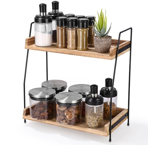 Organizador de Café, Especiero Organizador para Cocina, 2 Niveles, Estacion de Cafe Organizacion de Madera, Kitchen Organizer Countertop Shelf, Organizador Encimera para Cocina, Hogar, Oficina