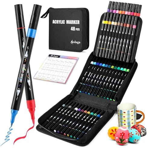48 Colours Acrylic Paint Markers, Dual Tip Acrylic Paint Pens with Brush Tip and Fine Tip for for Adults, Eggs, Wood, Rock, Canvas, Plastic, Stone, Glass, Ceramic