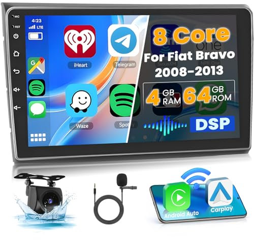 Ohradio 8 Core/4G+64G 9 Autoradio Android 15 per Fiat Bravo 2008-2013 con Wireless CarPlay Android Auto GPS 59UI DSP SWC Radio FM/RDS WiFi+Retrocamera+MIC