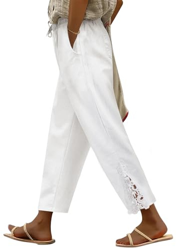 UMIPUBO Womens Trousers Summer 7/8 Length Cotton Lightweight Trousers Ladies Elasticated Waist Pants Beach Bottoms Trousers Ankle Tapered Casual Drawstring Work Holiday