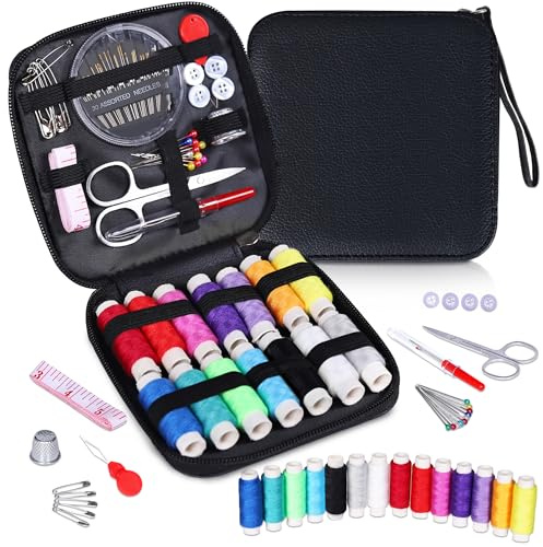 Sewing Kit, Travel Basic Sewing Set with Leather Case 14 Threads and Needles kit Accessories for Adults, DIY,Home, Travel & Emergency Compact Small Black