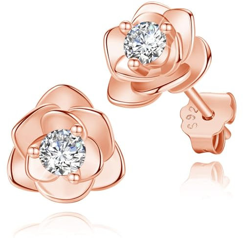 WOZNU Orecchini Fiore Argento Sterling 925 Donna Rosa con Zirconia Cubica 5A