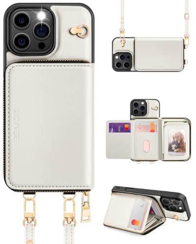 OCASE for iPhone 16 Pro Max Case, PU Leather Crossbody Zipper Wallet Case with Wrist Strap Lanyard, Kickstand, RFID Blocking Card Slots, Shockproof Phone Cover for 6.7 Inch iPhone 16 Pro Max, White