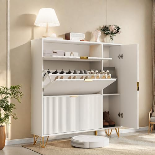 YGHQAP Schuhschrank schmal, Schuhregal Slim mit 3 Klappen und 1 Schranktür, Platzsparendes Schuhkommode aus Holz für Eingang, Flur, Wohnzimmer (Weiß, 110 x 24 x 111,5cm)
