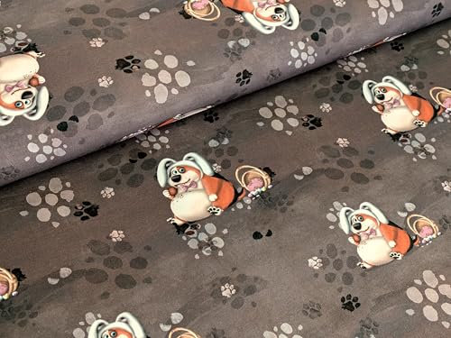 Eigenproduktion Baumwolljersey Dickerchen Nascht zu Viel Ostern Braun/Grau Hund Stoff Meterware Kleiderstoff