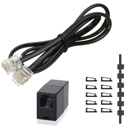 HAWAKA Phone Extension Cord 15FT, Long Telephone Cable with Standard RJ11 Plug and 1 in-Line Couplers and 10 Cable Clip Holders