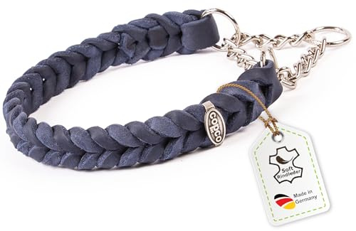 CopcoPet Fettleder Halsband 60–65cm x 25mm Marineblau – Geflochten mit Zugstopp-Kette – Robust & weich – Verchromte Kette – Lederhalsband für große Hunde, Training & Alltag
