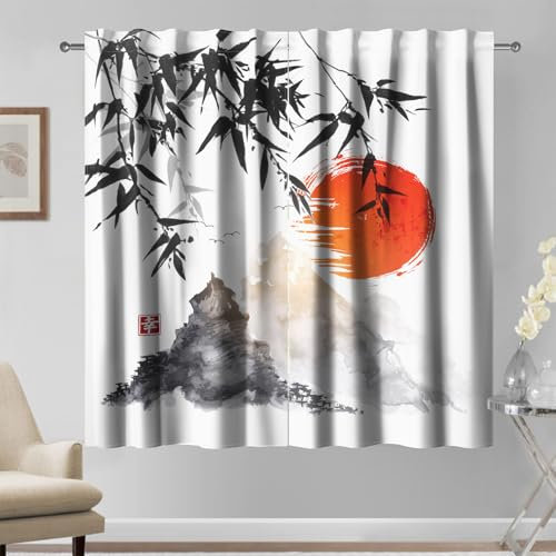 Kzzfqxb Rideaux Motif Peinture Chinoise 117x183cm 2 Panneaux, Feuilles de Bambou Lever de Soleil Rouge Montagnes Paysage au Pinceau, décoration Orientale pour Salon et Chambre à Coucher